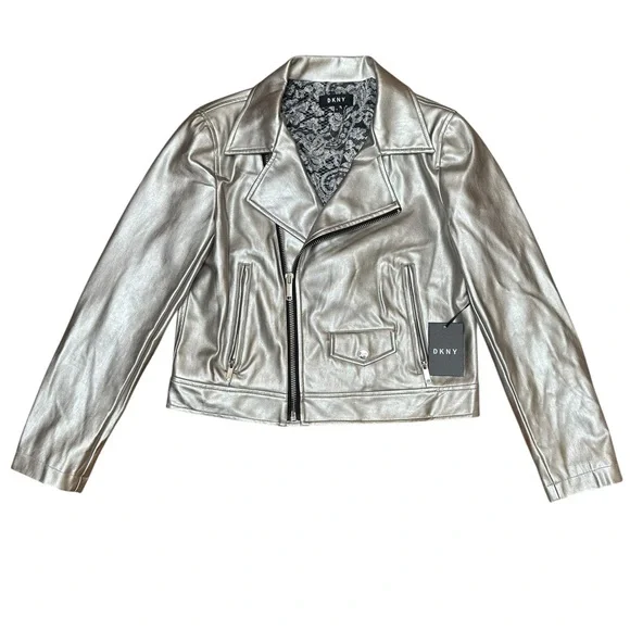 DKNY Metallic Silver Faux Leather Moto Jacket Size Medium - Picture 1 of 11
